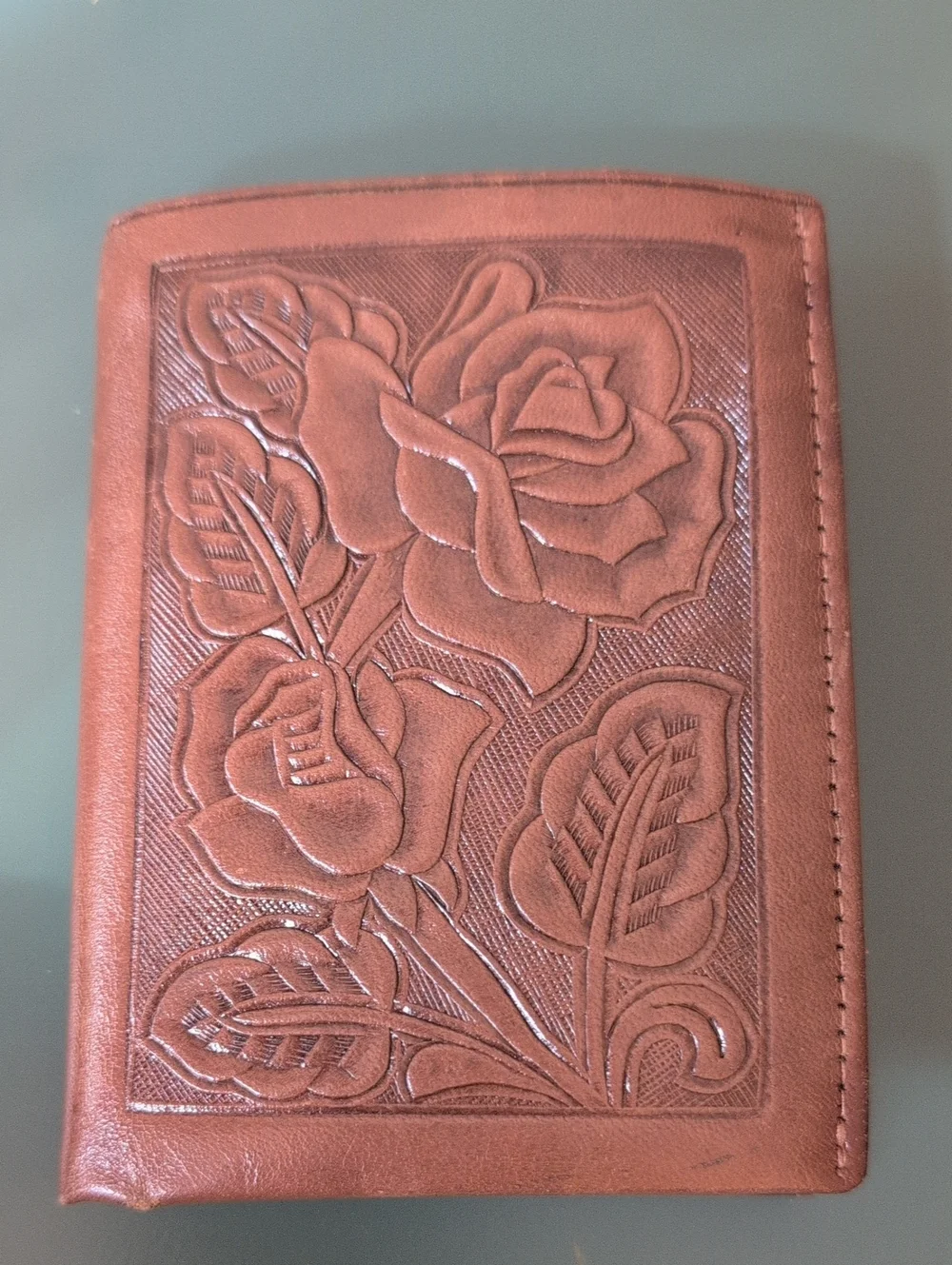 Tooled Leather Wallet with Rose Design
